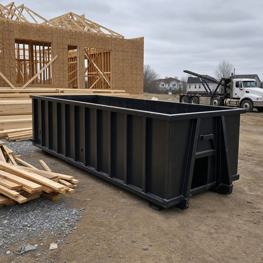 Matte-black 40-yard roll-off dumpster staged on a framed-out residential construction site in New York, framing lumber stacked nearby, hooklift delivery truck visible in the background under bright Colorado daylight