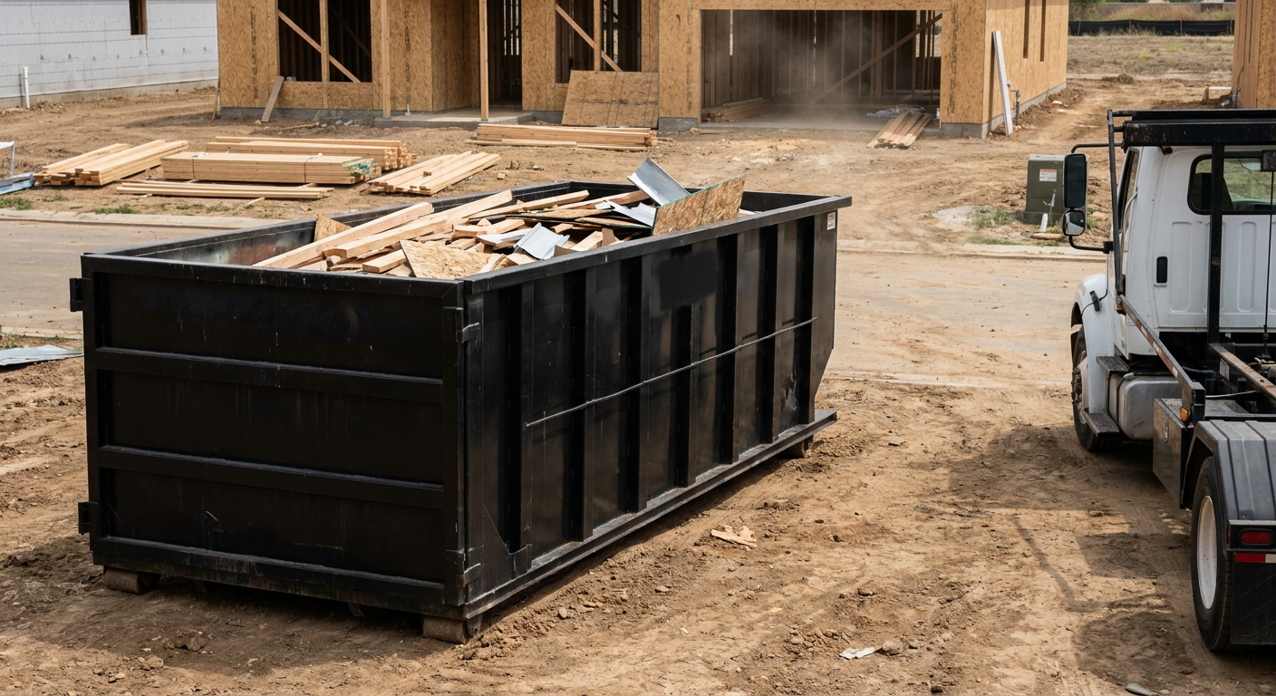 Matte-black 20-yard roll-off construction dumpster with heavy ribbed steel sidewalls and swing rear doors at a working jobsite in New York, sitting directly on compacted dirt with an unmarked white hauler partially visible at the far edge of the frame.
