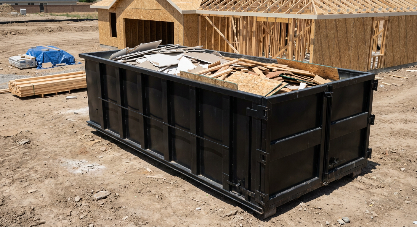 Matte-black 30-yard roll-off construction dumpster sitting directly on the compacted-dirt site of a framed single-family home build in New York, drywall and lumber scrap loaded inside.