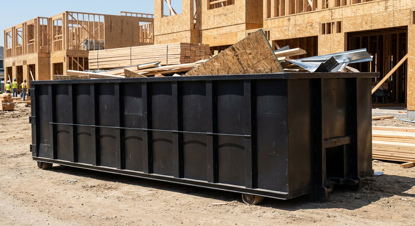 Matte-black 40-yard roll-off construction dumpster being lowered from a white-cab hooklift delivery truck onto the compacted-dirt jobsite at a commercial build site in New York