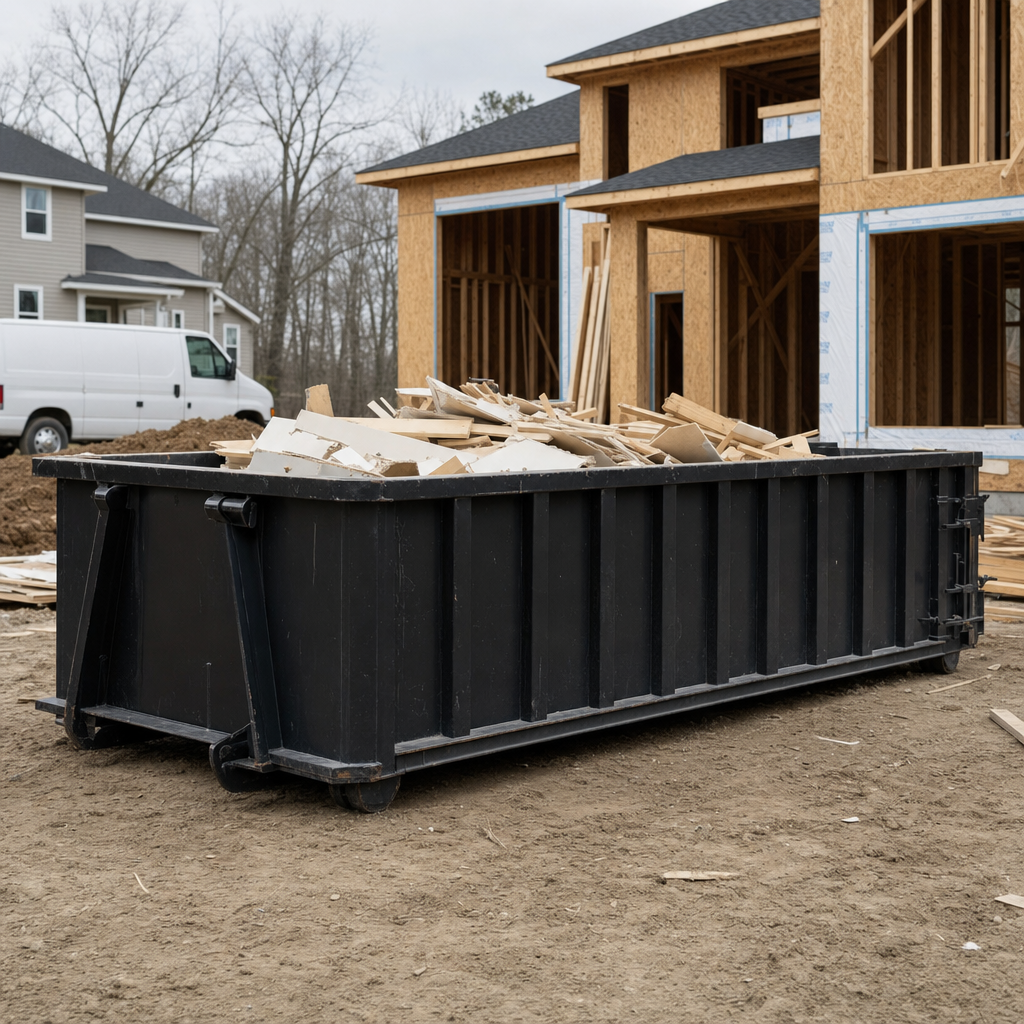 Worker in a yellow high-visibility vest tossing framing lumber and broken drywall into a matte-black 30-yard construction roll-off dumpster on an active build site in New York, bright daylight
