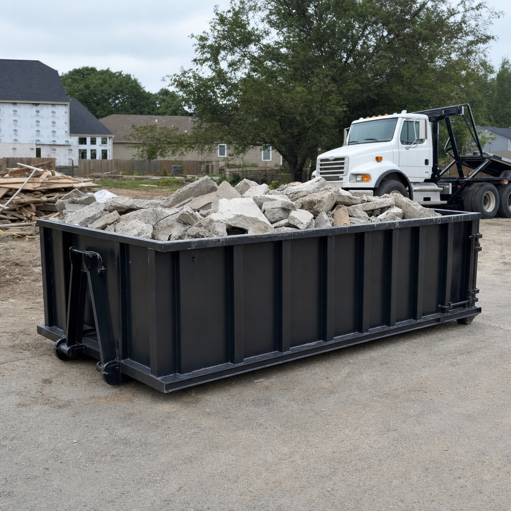 Low-profile matte-black lowboy roll-off dumpster loaded with broken concrete slab and rebar at a foundation tear-out in New York, skid steer parked beside it, sunny Colorado morning