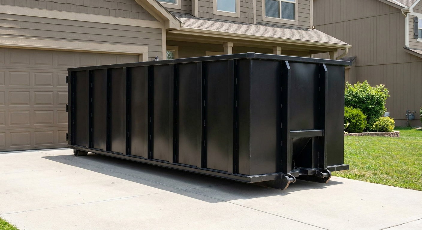 Matte-black residential roll-off dumpster sitting directly on a suburban New York concrete driveway, garage door closed, single-family home in background, bright morning daylight.