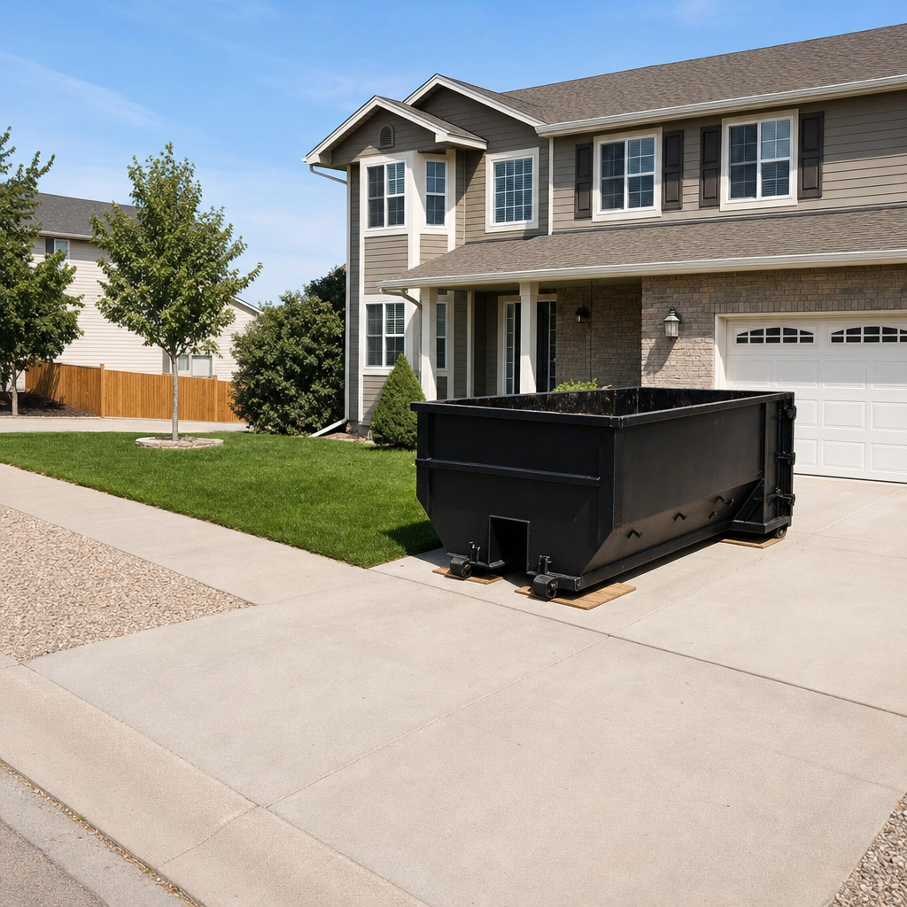 10-yard matte-black residential dumpster placed directly on a narrow New York concrete driveway, room remains for a parked sedan beside it, mid-morning natural light