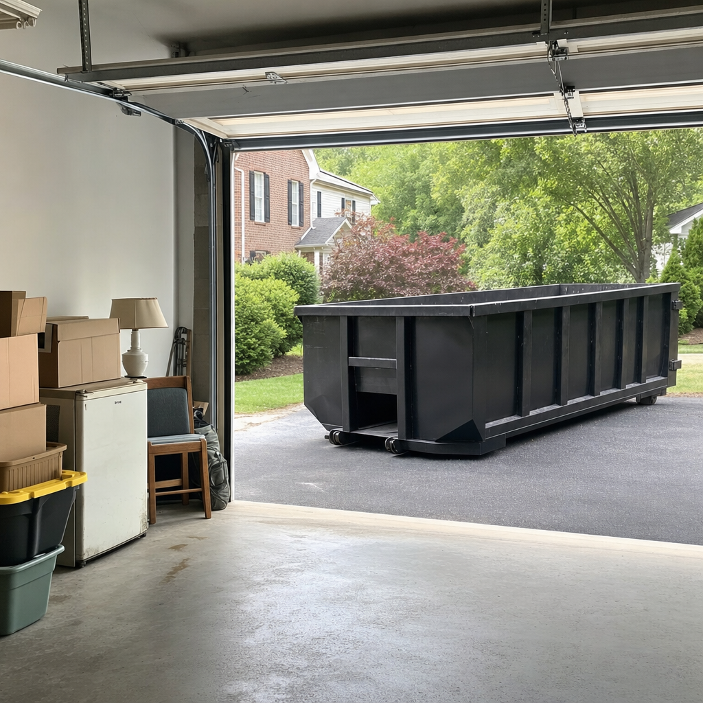 Open garage interior in a New York home mid-cleanout — boxed items, an old appliance, and stacked yard tools queued near the driveway for a matte-black roll-off dumpster, organized and calm