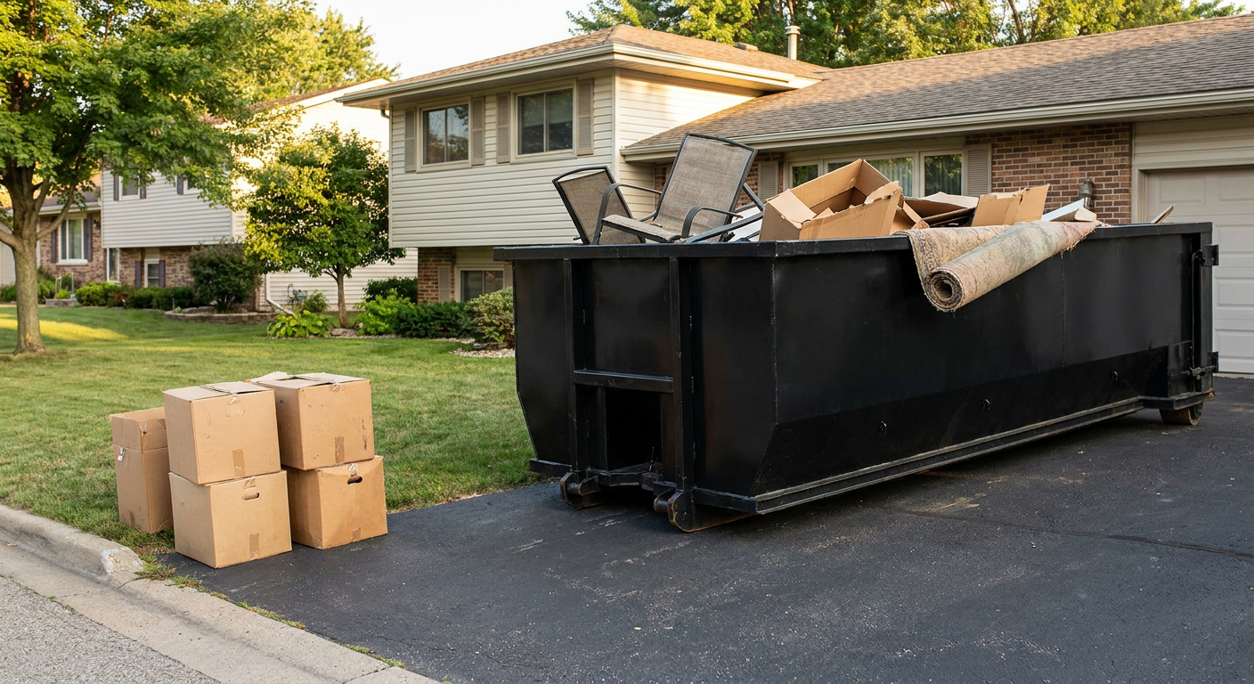 Front-yard view of a New York split-level home with a 20-yard matte-black roll-off dumpster sitting directly on the asphalt driveway, a few clearly labeled donation boxes staged at the curb, calm sunny afternoon.