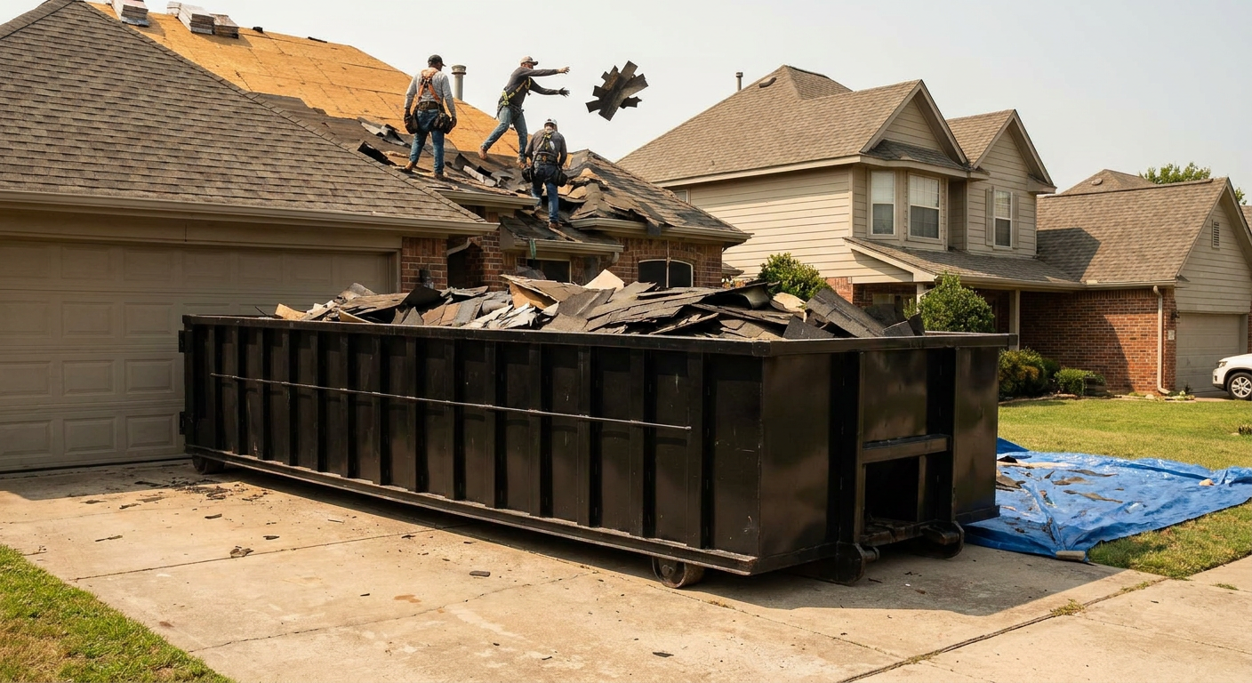 Matte-black roofing roll-off dumpster placed directly on a New York residential concrete driveway, a tear-off crew on a two-story asphalt-shingle roof tossing shingle bundles into the low-walled container, bright daylight, documentary 35mm perspective.