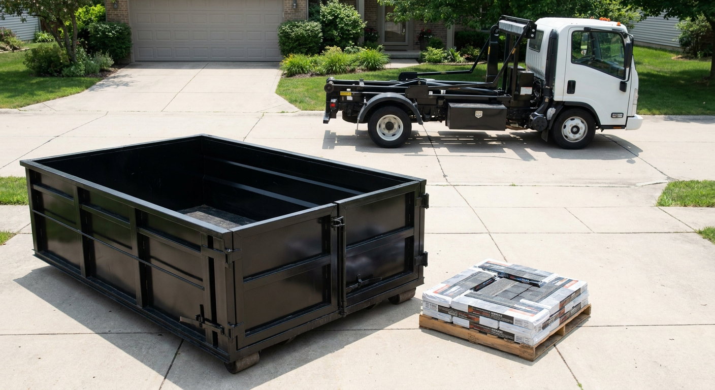 Matte-black 15-yard roofing roll-off dumpster with reinforced low side walls sitting directly on a New York residential concrete driveway, three-tab asphalt shingle bundles stacked nearby, an unmarked white hauler truck partially visible at the edge of the frame.