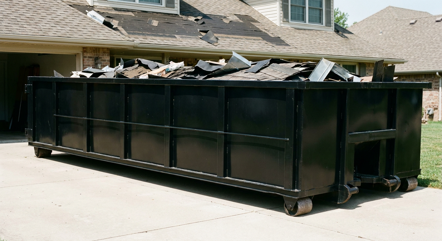 Matte-black 20-yard roofing roll-off dumpster with steel ribbed sides and swinging rear door, sitting directly on the concrete driveway of a two-story New York home, asphalt shingle debris being loaded over the low wall, clean documentary lighting.