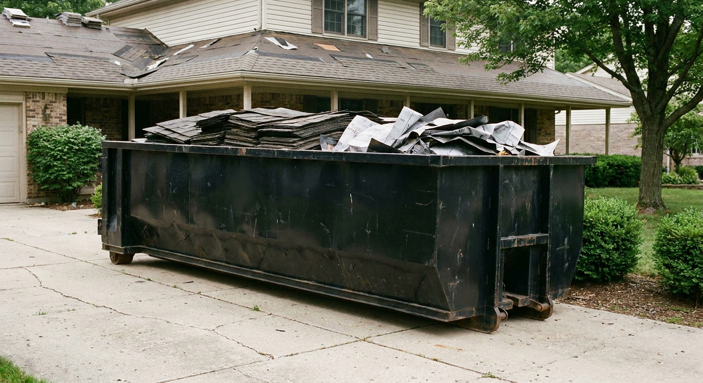 Matte-black 30-yard roofing roll-off dumpster sitting directly on a New York concrete driveway, taller ribbed steel side panels, mixed tear-off debris of asphalt shingles and underlayment inside, professional documentary daylight.