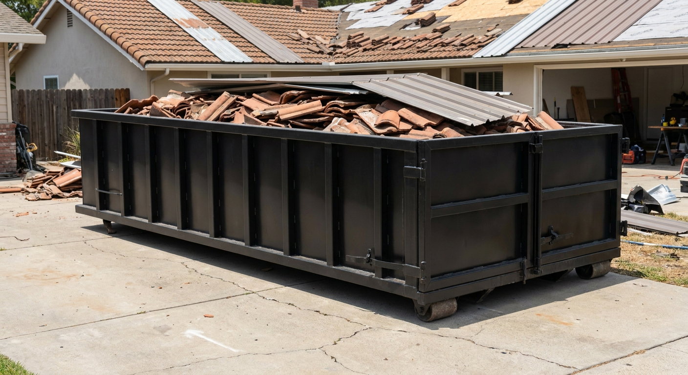 Matte-black low-wall heavy-debris roofing roll-off dumpster sitting directly on a New York concrete driveway, broken concrete clay roof tiles and metal panel sections loaded inside, reinforced ribbed steel side walls visible, bright outdoor daylight.