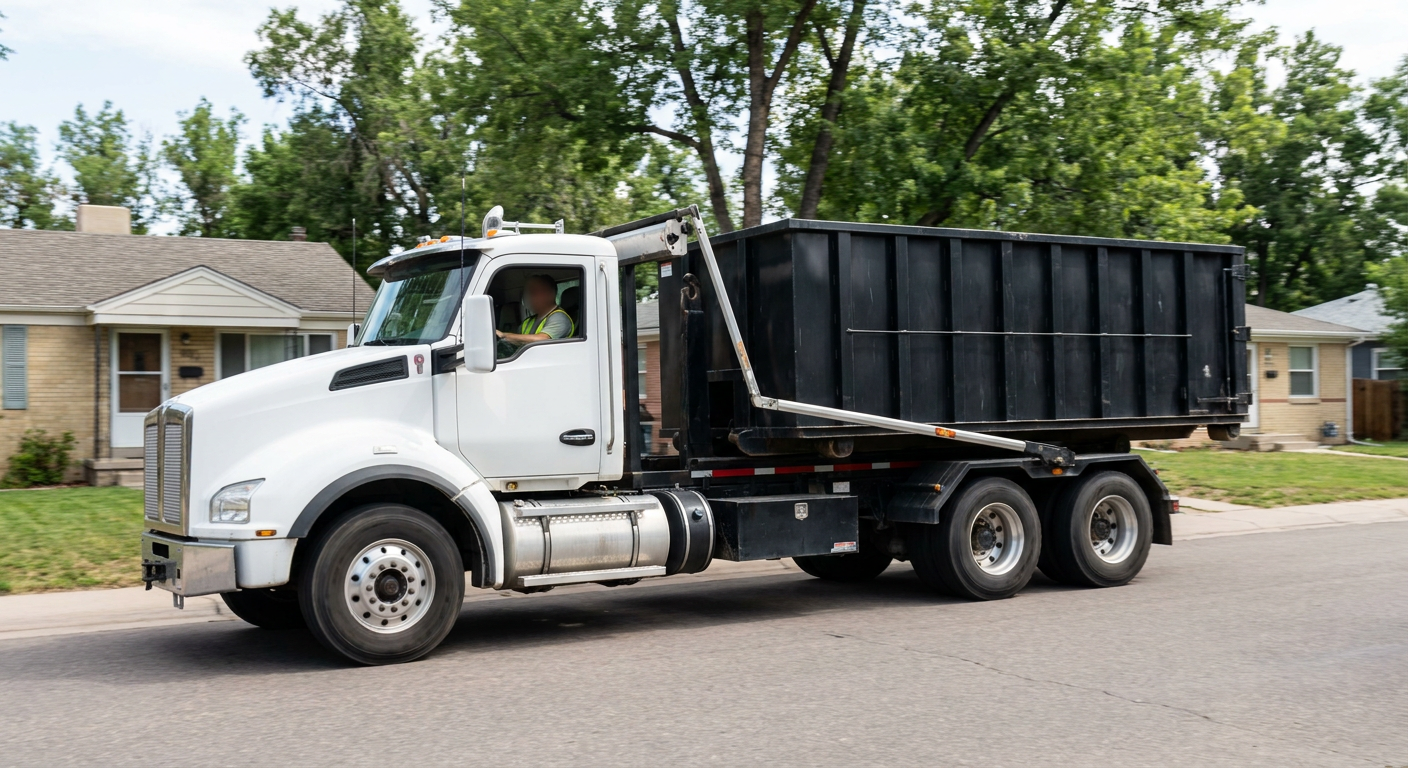 A wide documentary shot of a matte-black roll-off delivery truck pulling onto a quiet New York residential street at mid-morning, with neighborhood rooftops and tree-lined blocks visible behind, showing the metro coverage footprint.