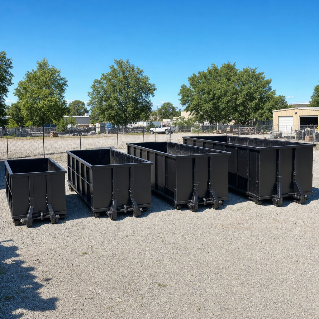 A clean lineup of matte-black roll-off dumpsters in 10, 20, 30, and 40-yard sizes staged on a sunlit gravel yard in New York, showing the size progression from compact to commercial-scale containers.