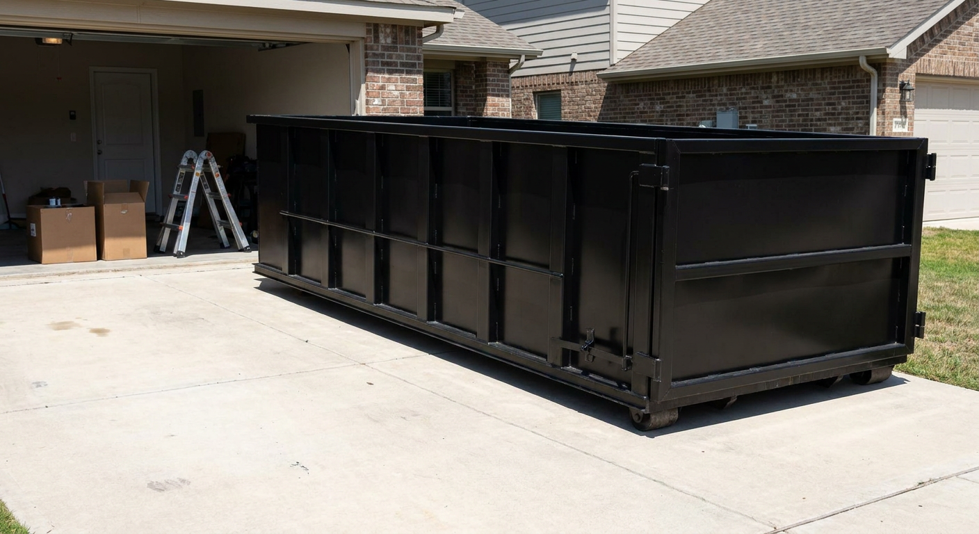 A matte-black 10-yard roll-off dumpster sitting directly on a residential New York concrete driveway, mid-day sunlight, clean and ready for a garage cleanout.