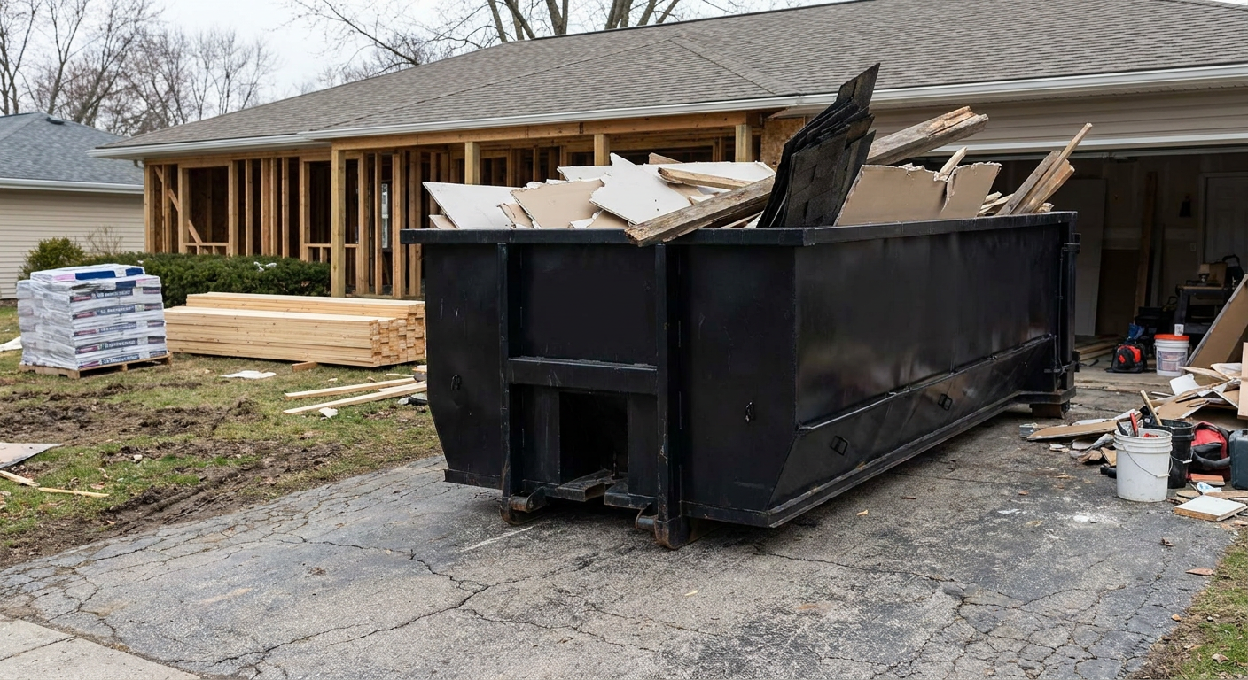 A matte-black 20-yard roll-off dumpster placed alongside a mid-renovation New York home directly on the asphalt driveway, with framing materials and torn-off shingles staged neatly nearby.