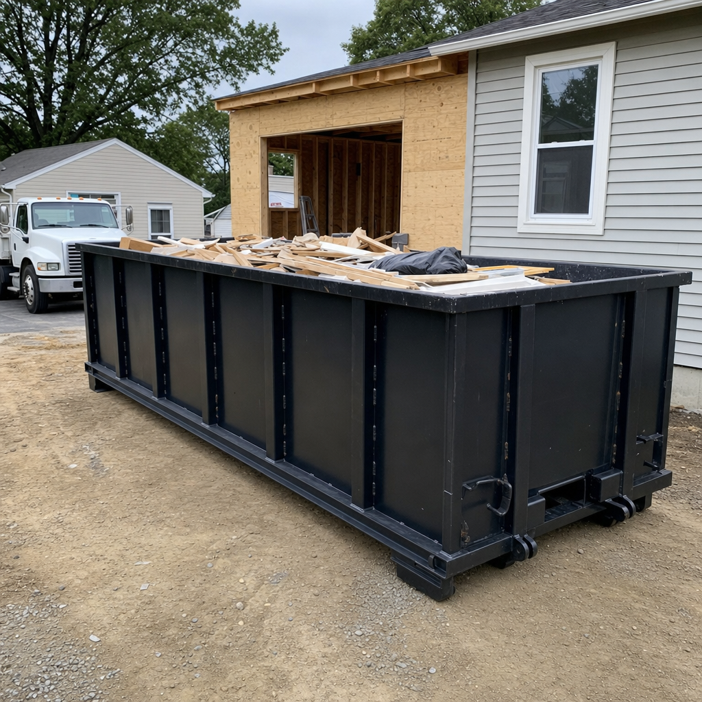 A matte-black 30-yard roll-off dumpster positioned at a New York residential addition jobsite, with framing lumber and drywall scraps loaded through the open swinging rear doors.