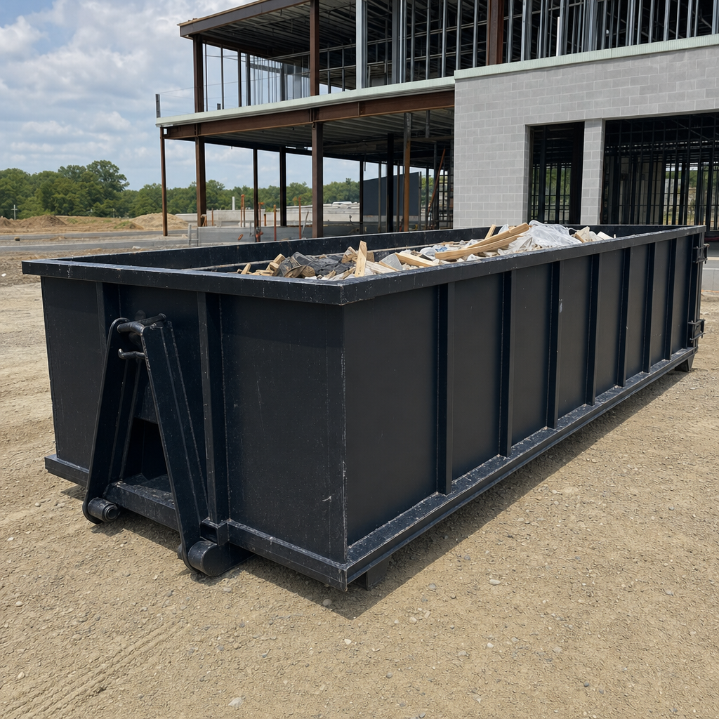 A matte-black 40-yard roll-off dumpster staged on a large New York commercial construction lot, with a hooklift delivery truck parked alongside under bright midday sky.