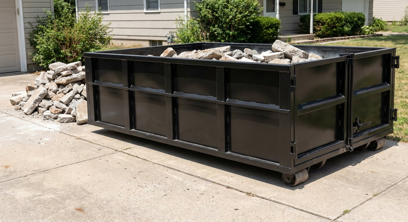 A matte-black low-side heavy-debris roll-off dumpster placed directly on a New York concrete driveway, with broken concrete chunks neatly stacked beside it under clean daylight.